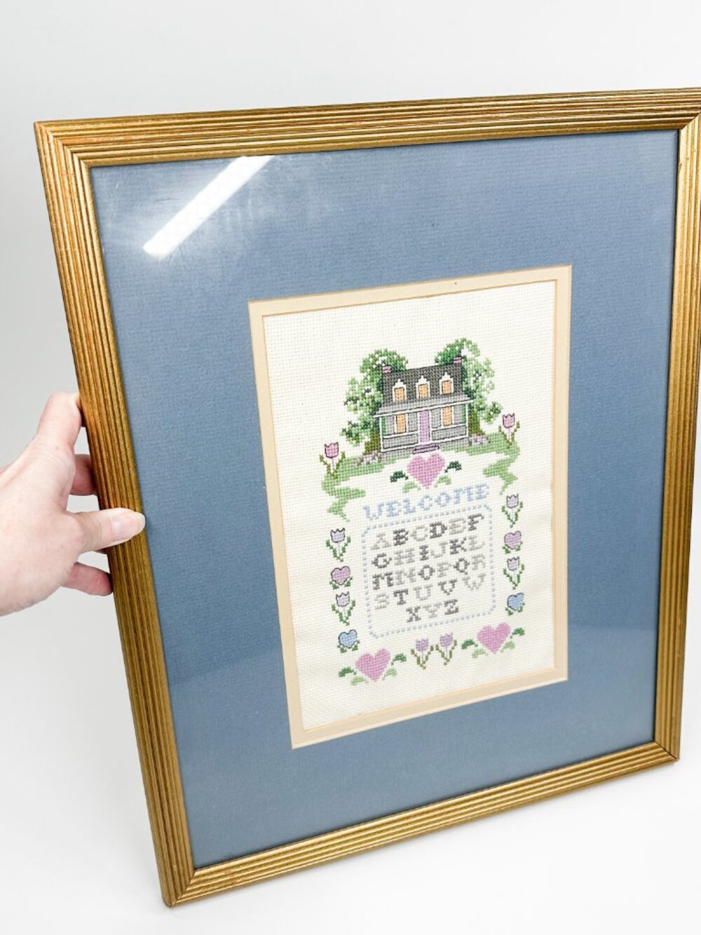 Vintage Framed Matted Cross-Stitch Welcome Cottagecore Country Farm